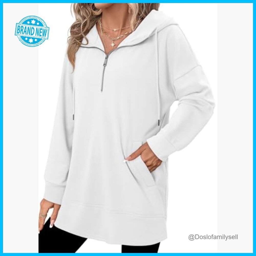 Quarter Zip Pullover Hoodie Lapel Neck Drawstring Tunic Side Pockets Casual - Picture 4 of 7